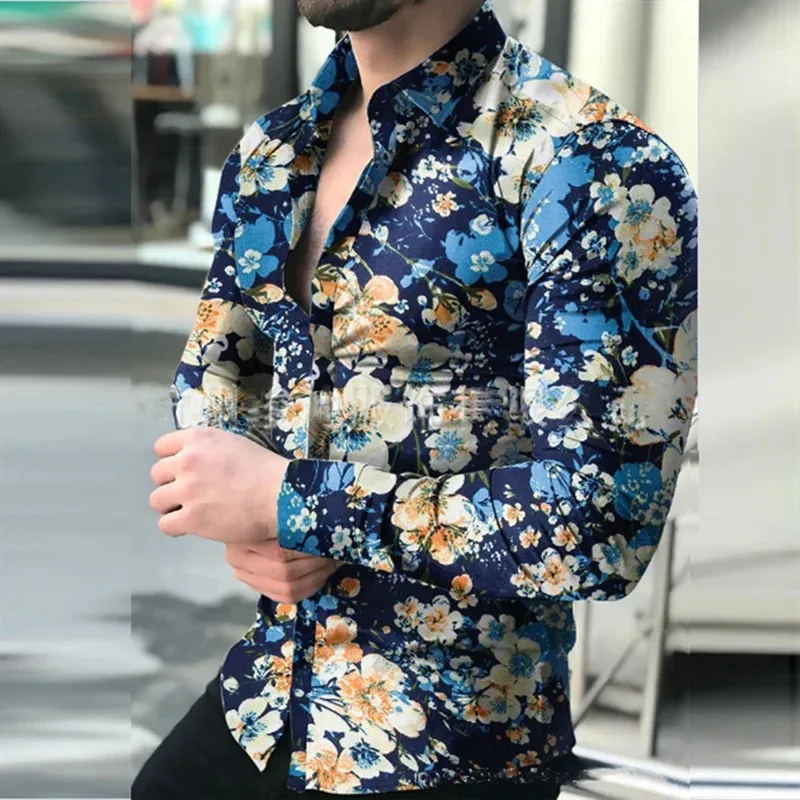 

Summer Color Lines 3D Floral Print Men's Long Sleeve Shirt Single Row Zipper Fashion Design Long Sleeve Shirt