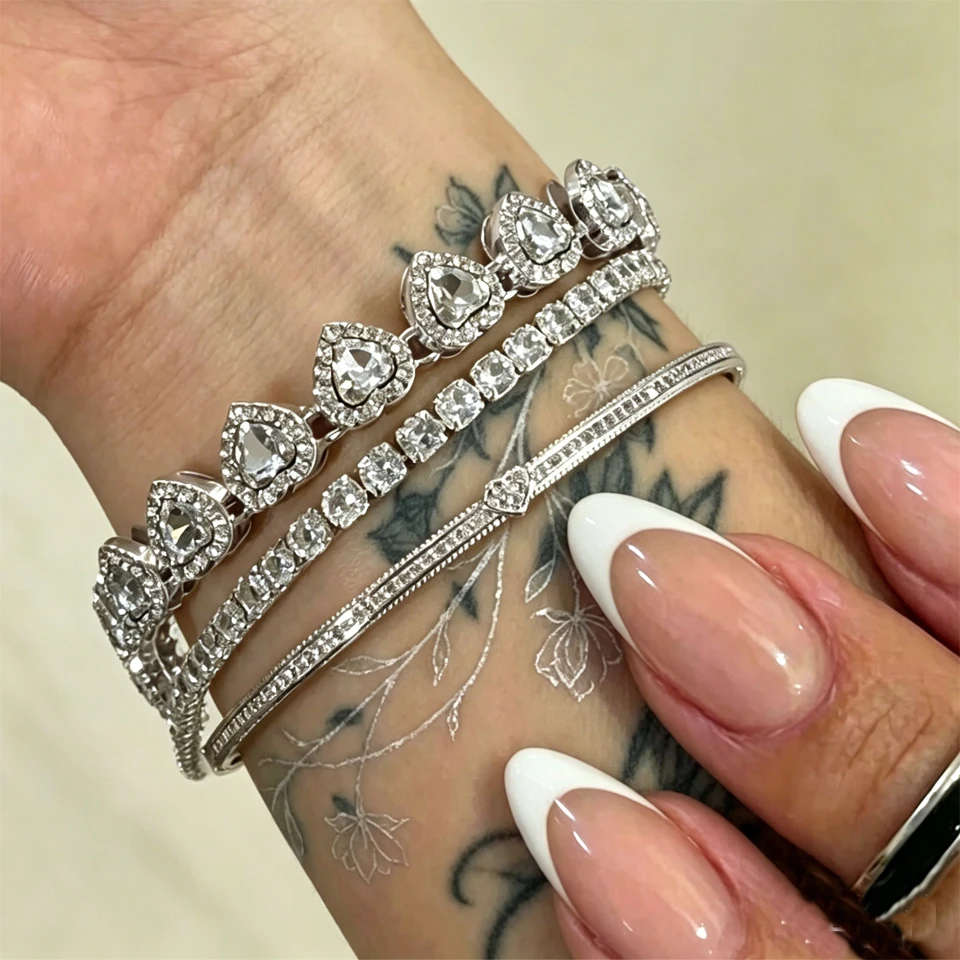 Yupsk 1/3 Stück Silberfarbene Funkelnde Zirkon-Strass Herz-Tennisarmbänder Edelstahl-Armreifen Modeschmuck – Detail 4