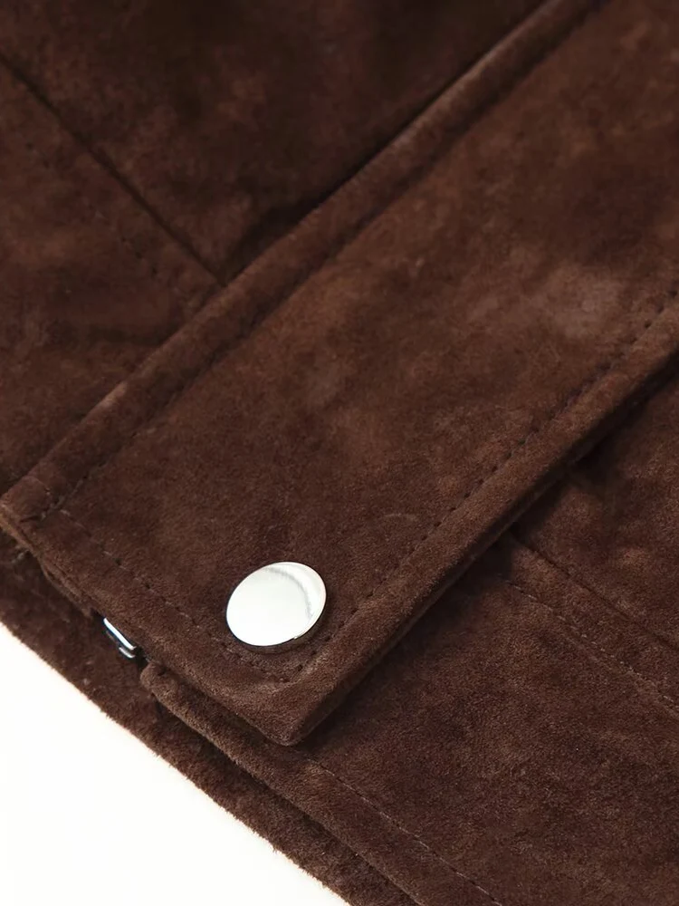 سترة نسائية جديدة على الطراز الأوروبي عصرية ومتعددة الاستخدامات من جلد الغزال بلون سادة مع تفاصيل الجيب. #6