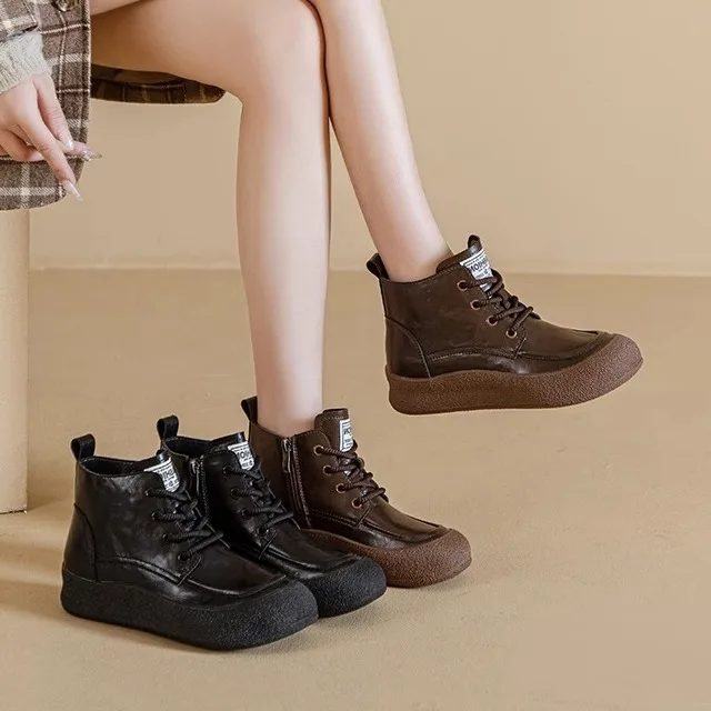 

Retro Casual Boots Women's Thick Bottom round Head Fur Lined Versatile High Top Leather Boots Chinese Production
