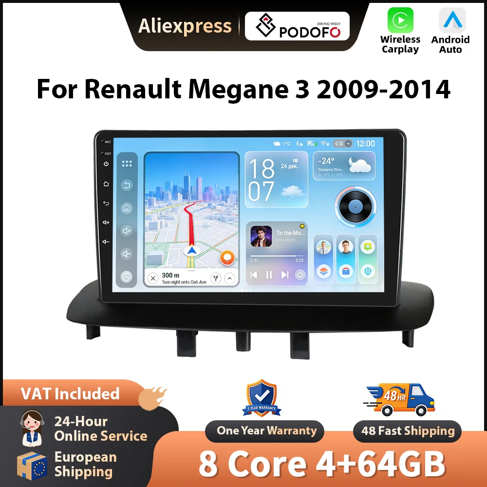 Podofo Android Autoradio für Renault Megane 3 2009-2014, kabelloses CarPlay, GPS-Navigation, WLAN, FM/RDS, 2-DIN-Einheit, EQ, BT-Stereo