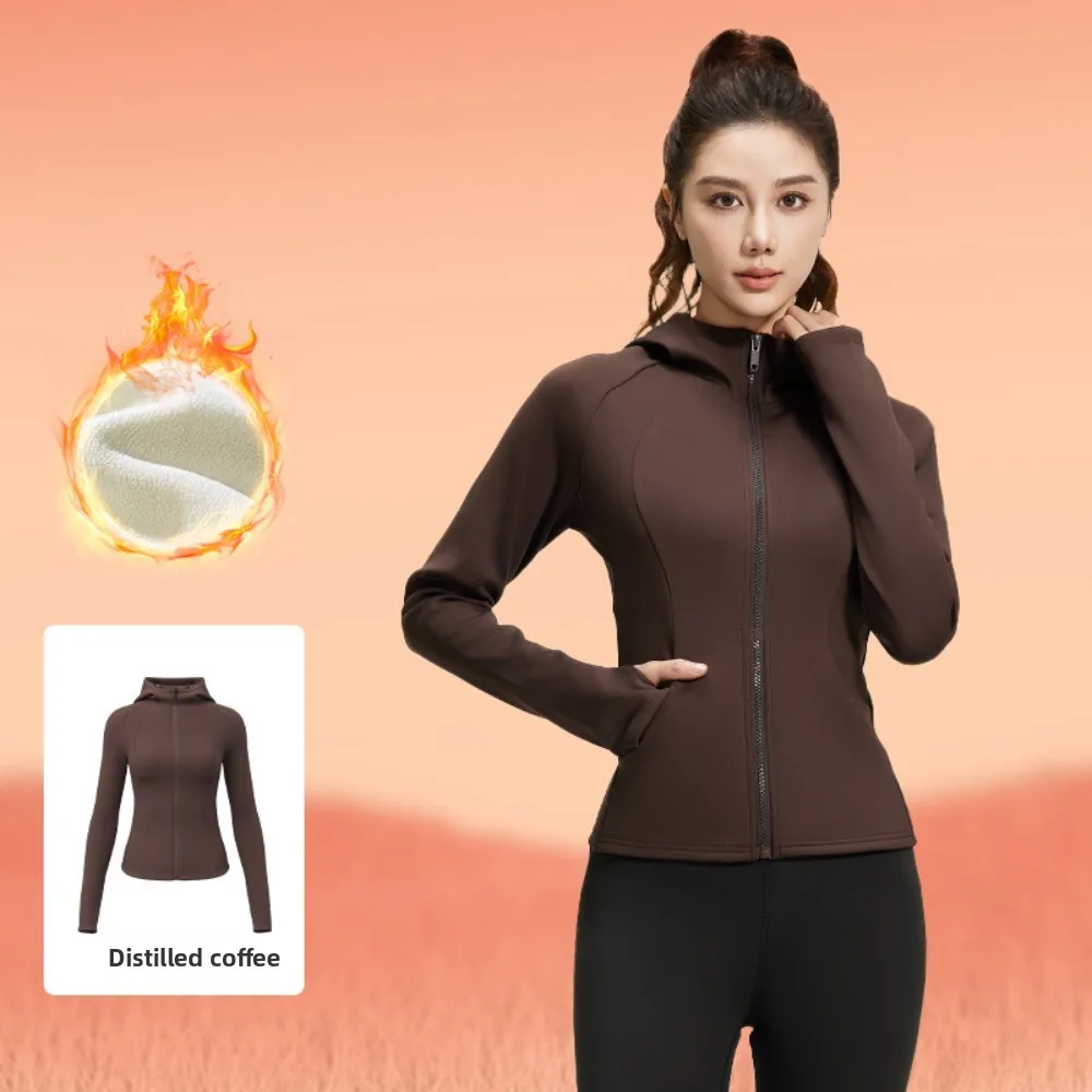 

Куртка для йоги на бархатной подкладке — женская спортивная куртка с капюшоном на молнии, осенне-зимняя повседневная куртка с капюшоном для фитнеса и спортзала