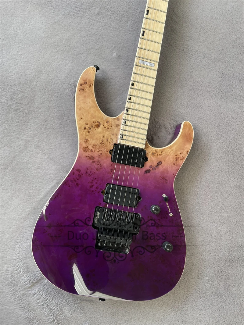 Purple Electric Guitar Mahogany Neck Set In Body Burl Maple Top HH Pickups Tremolo Bridge 24 Frets Black Tuners