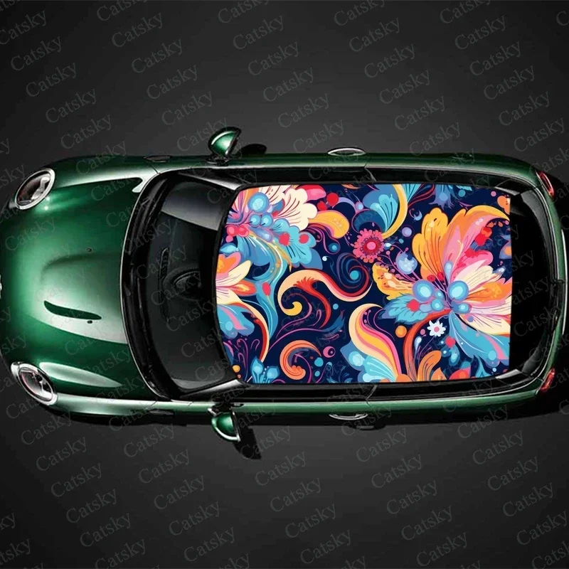 

Multicolor Abstract Floral Car Roof Sticker Wrap Racing SUV Accessories Packaging Painted PVC Custom Car Graphic Decal