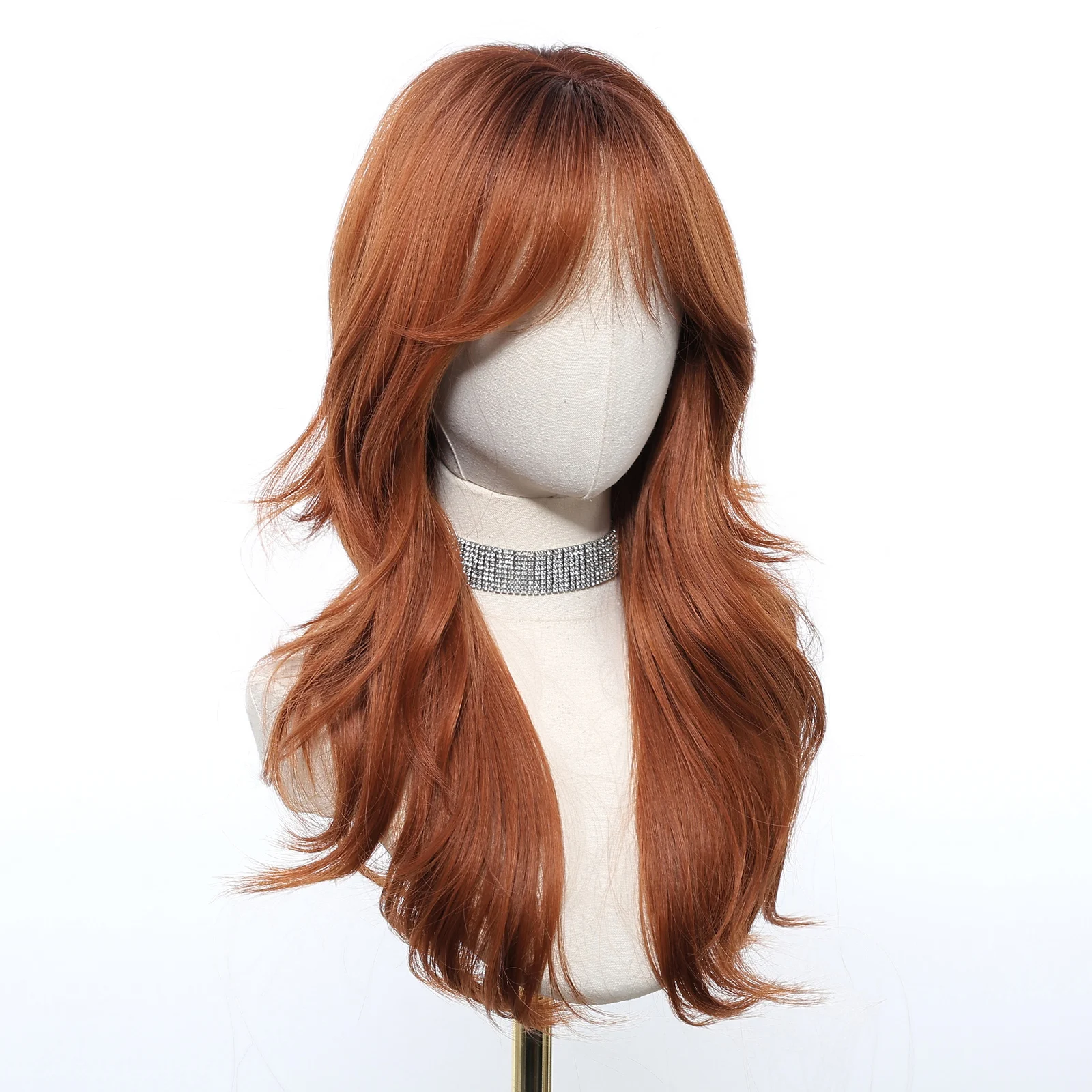 Allbell Magique Lange geschichtete synthetische Perücken Orange Party Cosplay Perücken mit Pony für Frauen natürliche gewellte lockige Perücke hitzebeständig