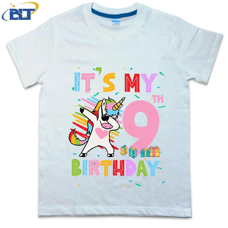 

9Th Birthday Cute Unicorn printed kids T-shirt, summer cotton short-sleeved casual top, suitable for both boys and girls