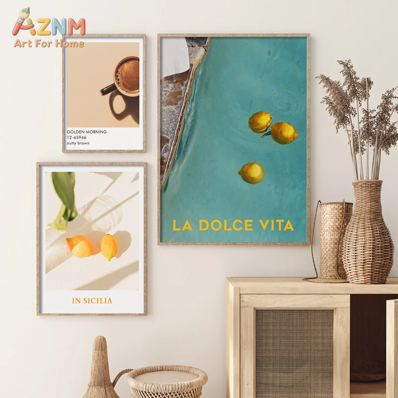AZNM Italian La Dolce Vita Canvas Print Lemon Sicily Coast Vintage Yellow Car Coffee Neutral Mediterranean Scenery Wall Poster U