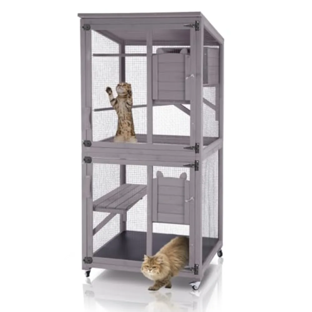 Catio Outdoor Cat Enclosure Wooden Cat Cage with Window Access Large Kitty House on Wheels Indoor Patio (Large)