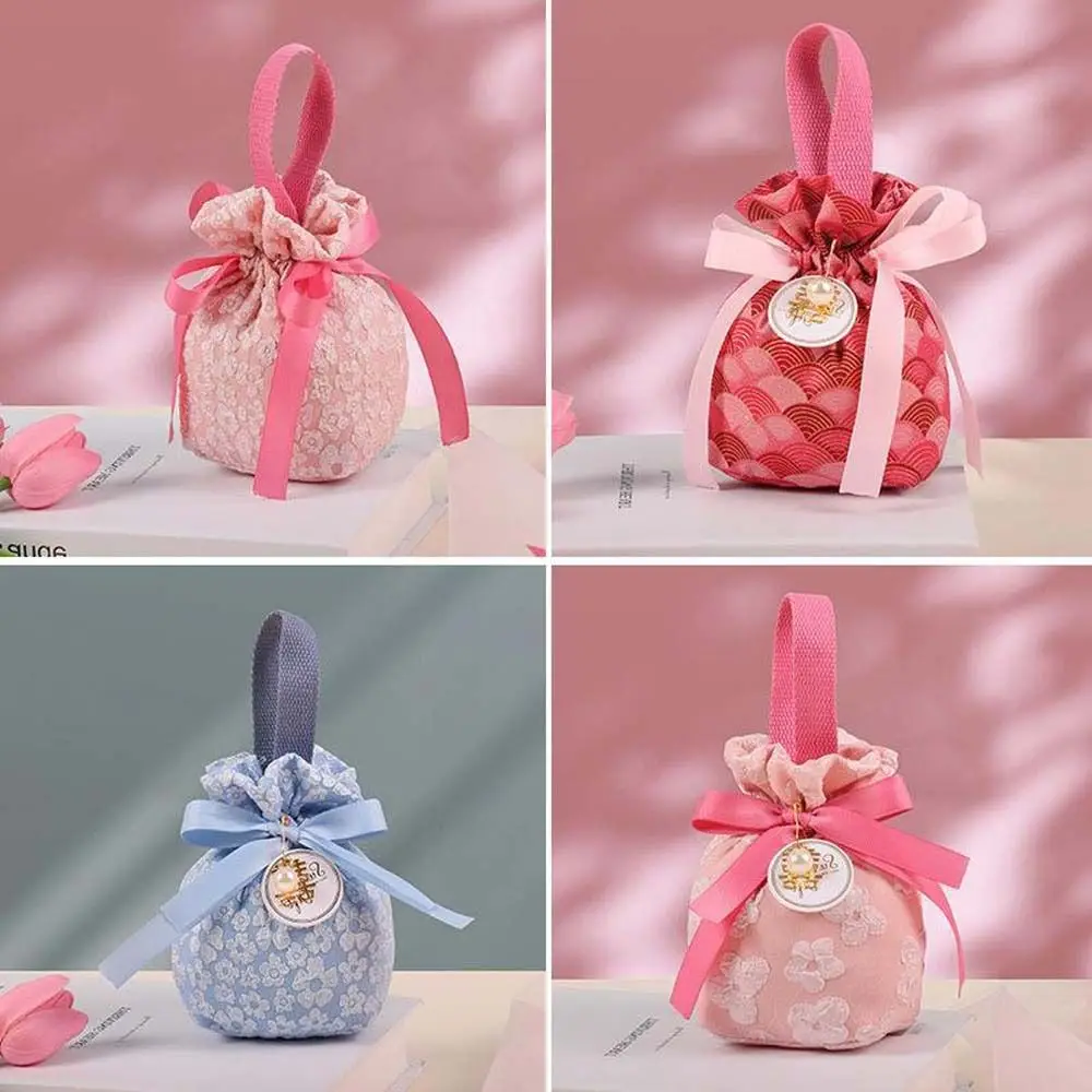 Sakura Canvas Floral Drawstring Bag Pearl Pendant Stripe Ribbon Bow Wrist Bag Satin Bow Large Capacity Festive Sugar Bag