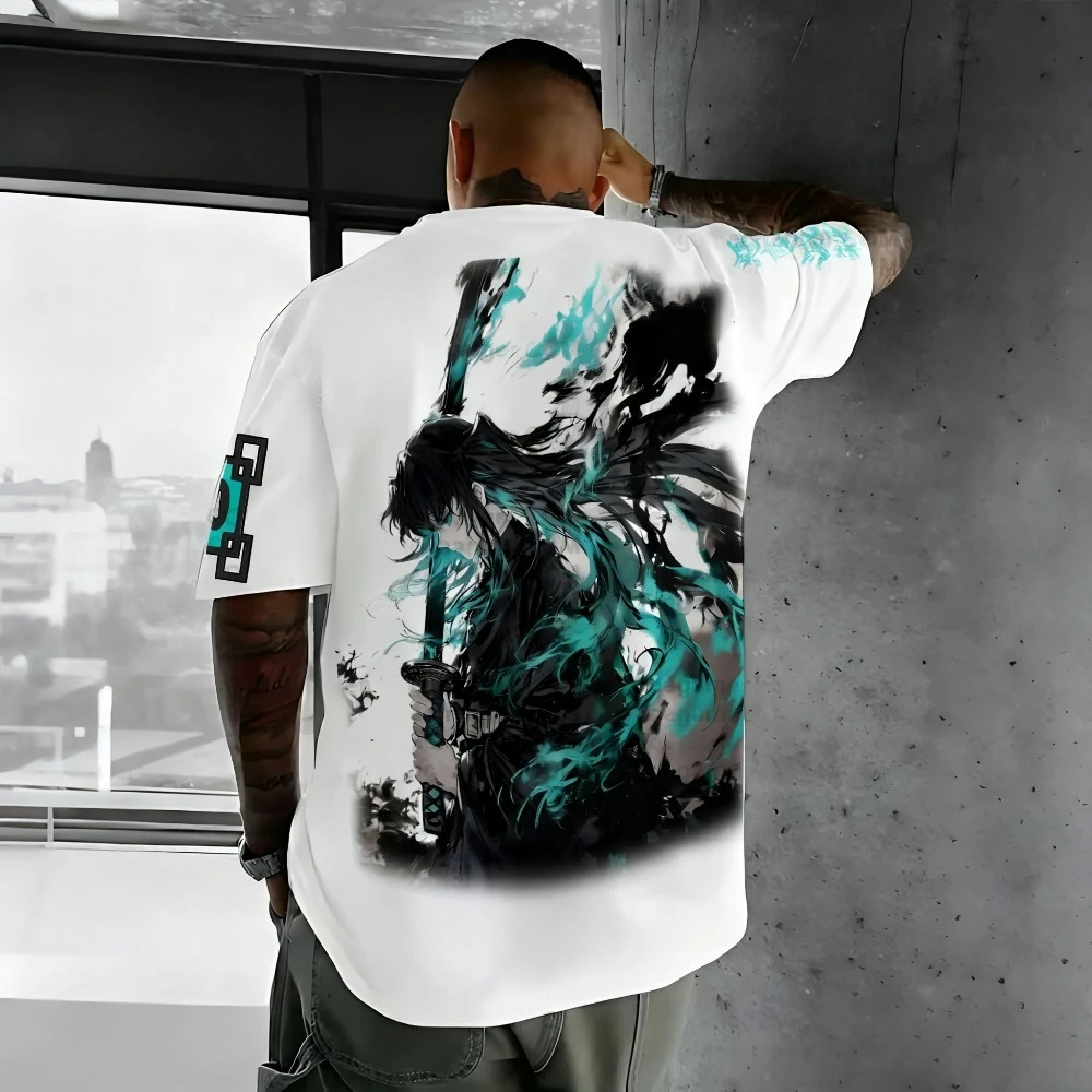 Camiseta masculina demon slayer muichiro tokito verão anime camiseta primavera e outono menino personalidade de manga curta pai-filho wear