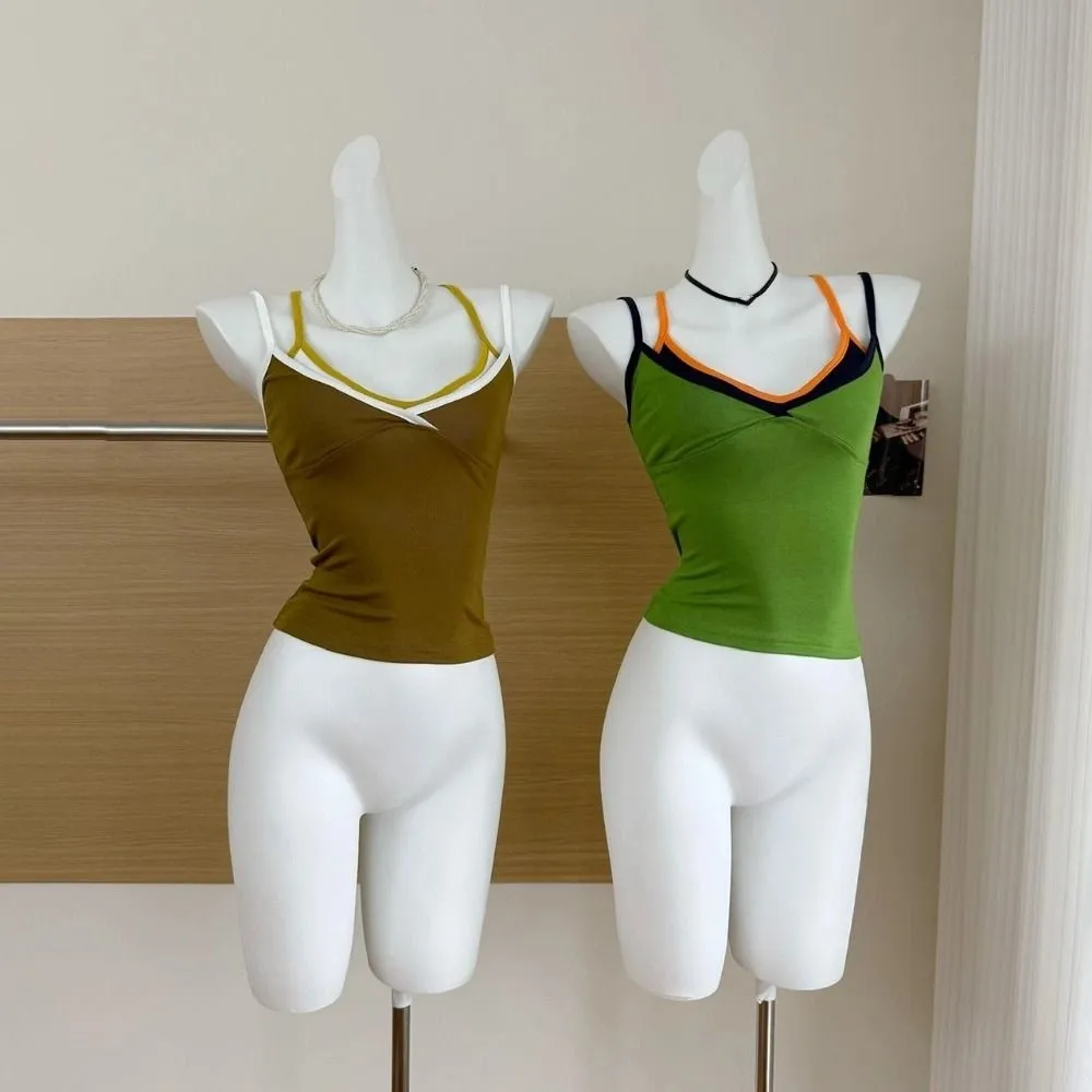 

Ins Slim Fit Fake Two Pieces Camisole Sleeveless Streetwear Halter Camisole Patchwork Suspender Vest Seaside