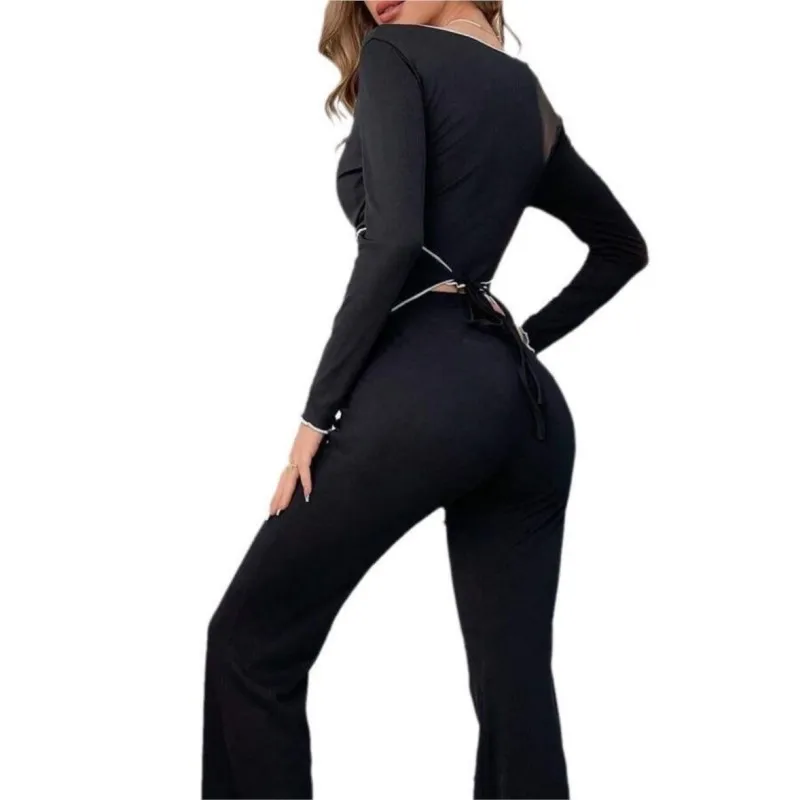 Pigiama da donna Set da 2 pezzi Pigiama sexy a maniche lunghe con scollo a V che può essere indossato all'esterno come vestiti per la casa Pantaloni svasati Abbigliamento per la casa