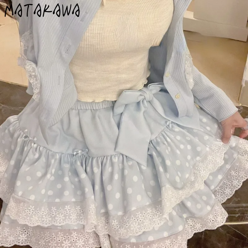 Matakawa Polka Dot Ruffles Women Skirts Japanese Style Kawaii A-line Spring Summer Sweet Faldas Cute Bow Lolita Mini Skirt