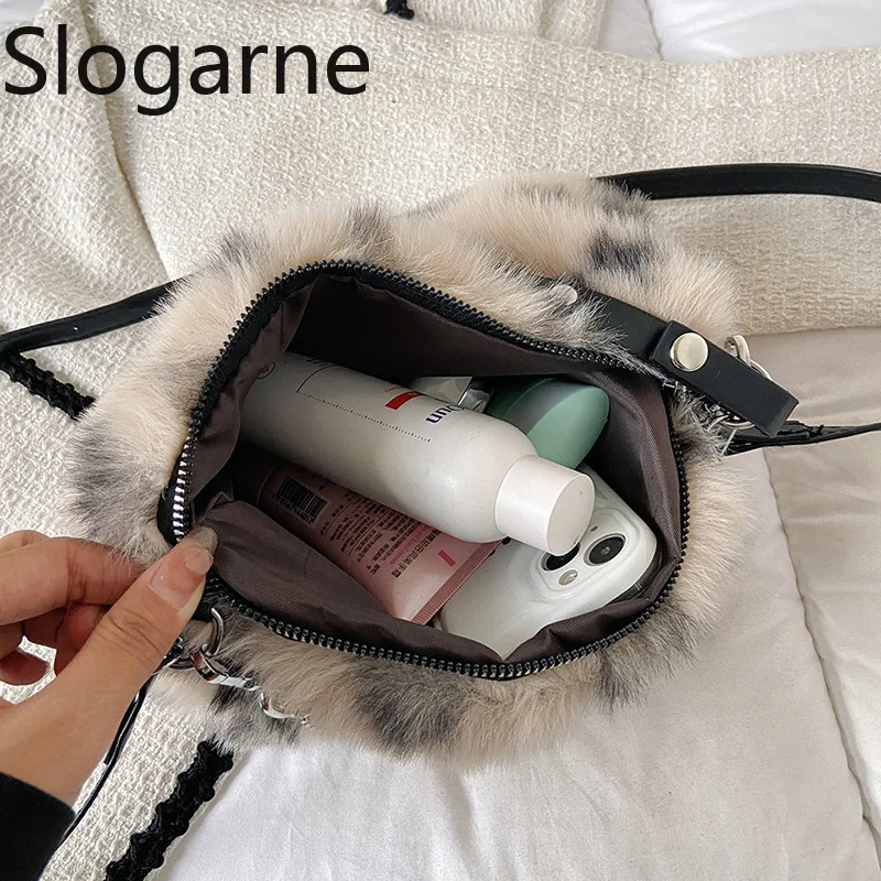 موضة ليوبارد حقيبة المرأة السنة الجديدة هدية أرنب فو الفراء حقيبة يد السيدات الشتاء رقيق حقائب كتف فروي حقائب بيد علوية مخلب