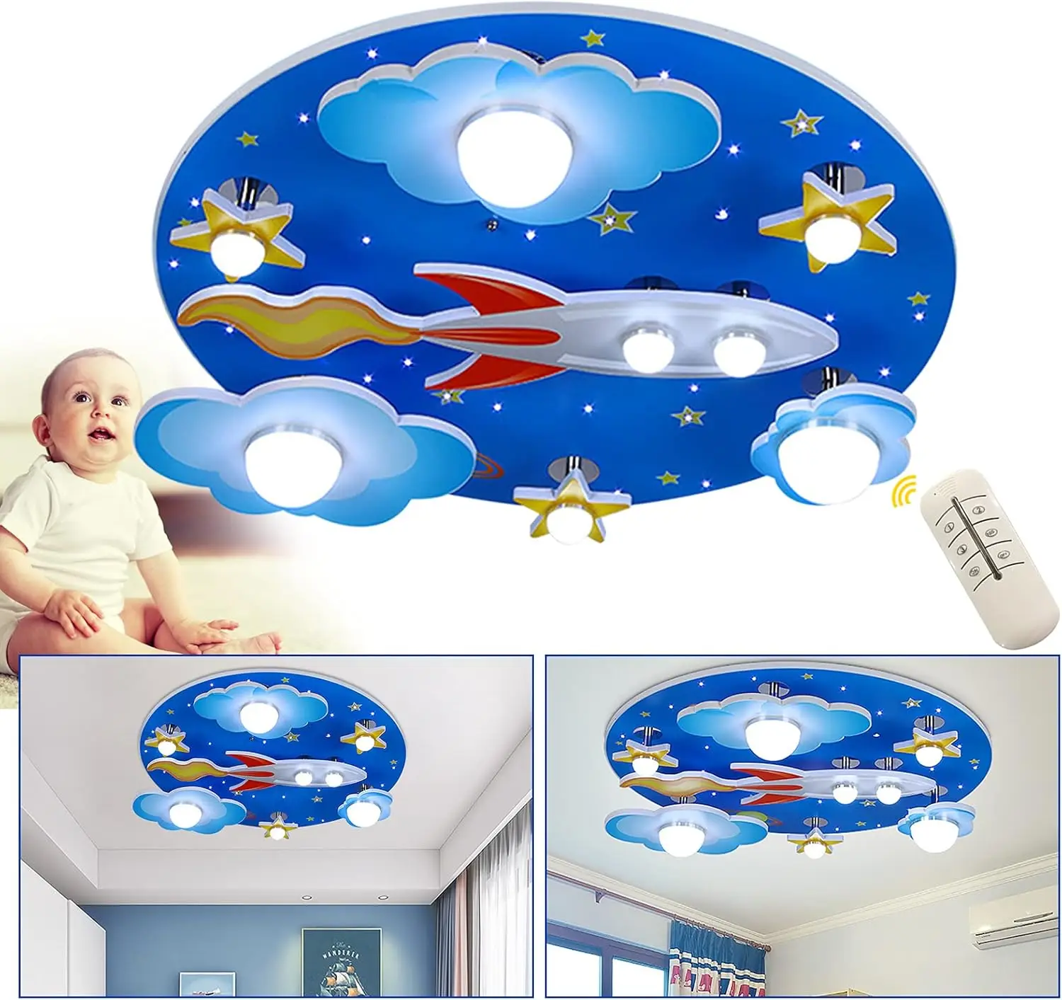 

8 Lights Boys Room Modern LED Chandelier Blue Creative Flush Mount Light with Cartoon Cloud Plane Star Cartoon for Kids Room NEW