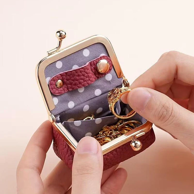 Wallet Genuine Leather Kiss Lock Coin Purse Solid Color Square Leather Jewelry Bag Multifunctional Mini Small Item Bag Earrings