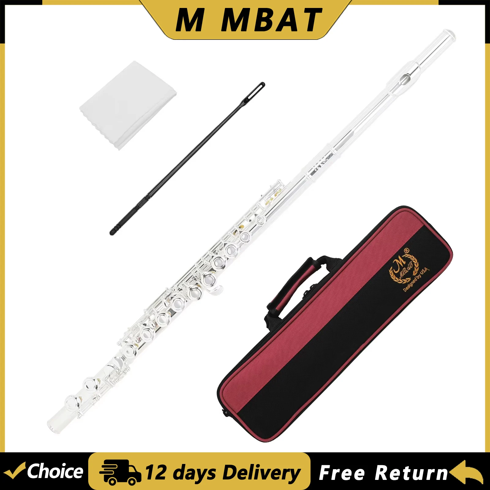 M MBAT Flute C Key 16 Hole Closed Hole Silver-plated White Brass Curved E-key Flute Professional Woodwind Instruments with Case