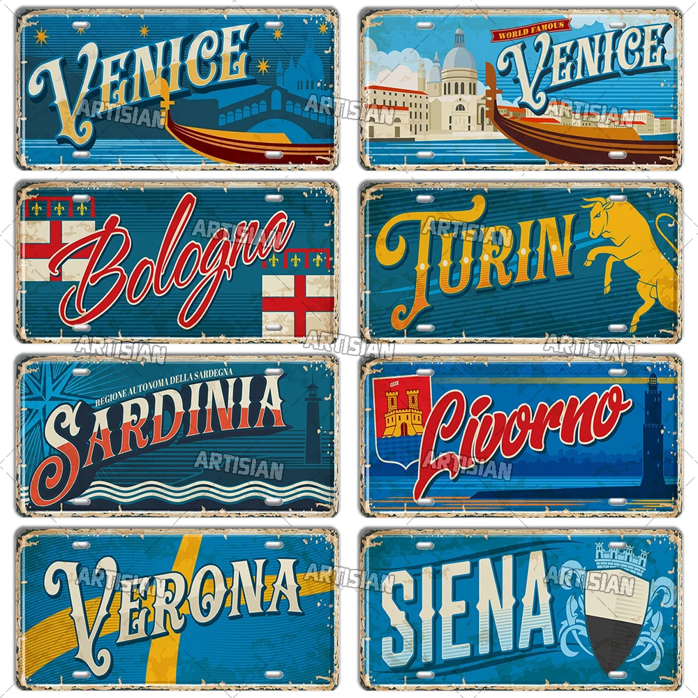 Artisian ITALY Landmark License Plate Ctiy State Province Metal Sign Travel Car Plate Decorative Tin Plaque Wall Decor Garage