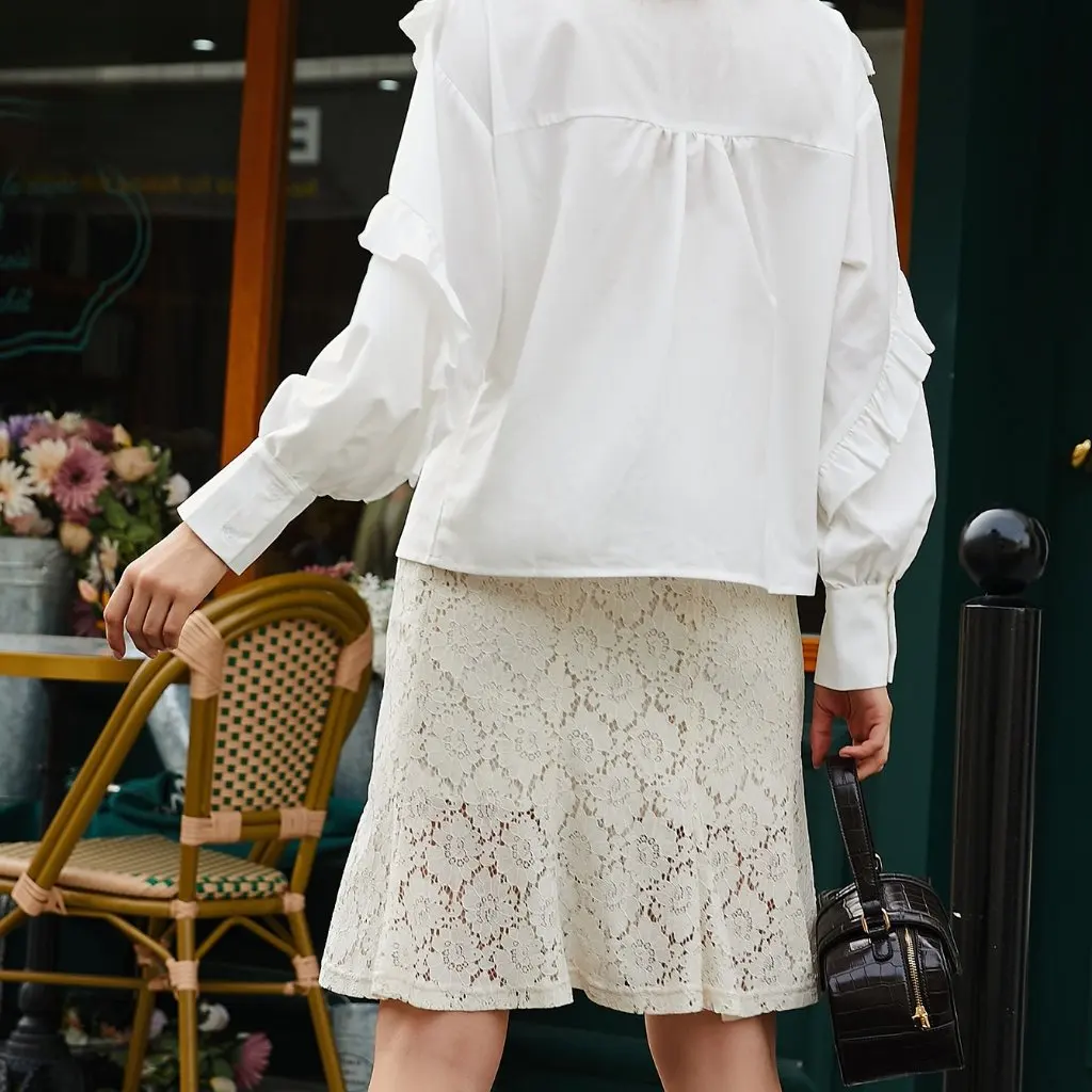 

Spring Autumn Women's Fashion Shirt Tie Neckline Ruffled Trim European American Style Small Shirt for Ladies