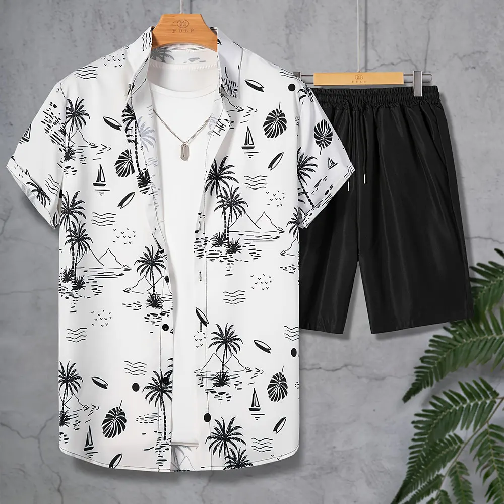 Men'S Suit Fashion Coconut Tree Print Short Sleeve Shirt Summer Casual Lapel Button Down Shirt Men'S Drawstring Pocket Shorts