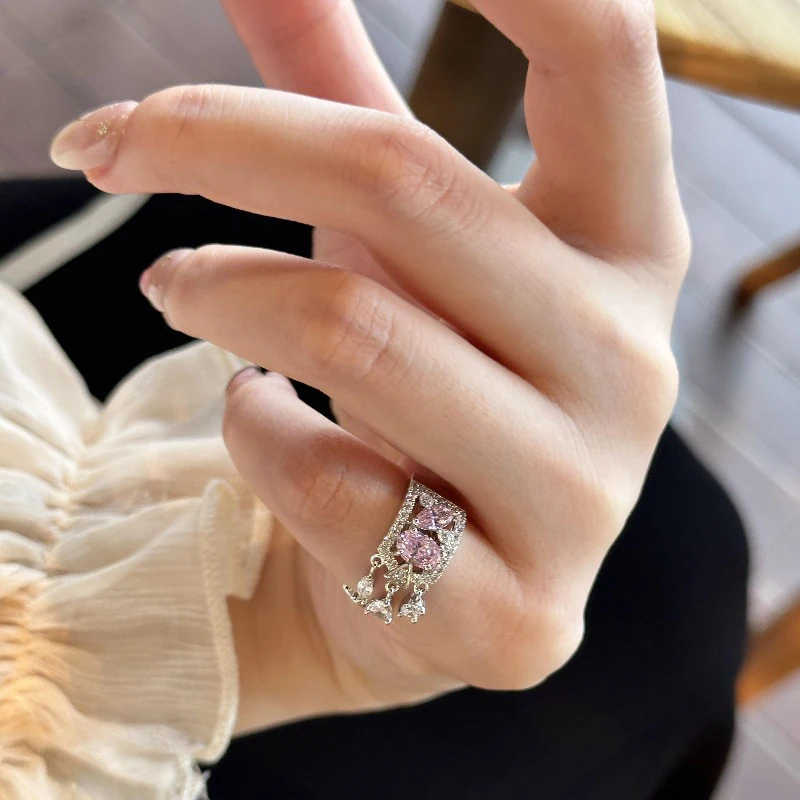 Light luxury exquisite hollow pink gems water droplet tail rings for women silver 925 sweet style tassel ring wedding jewelry