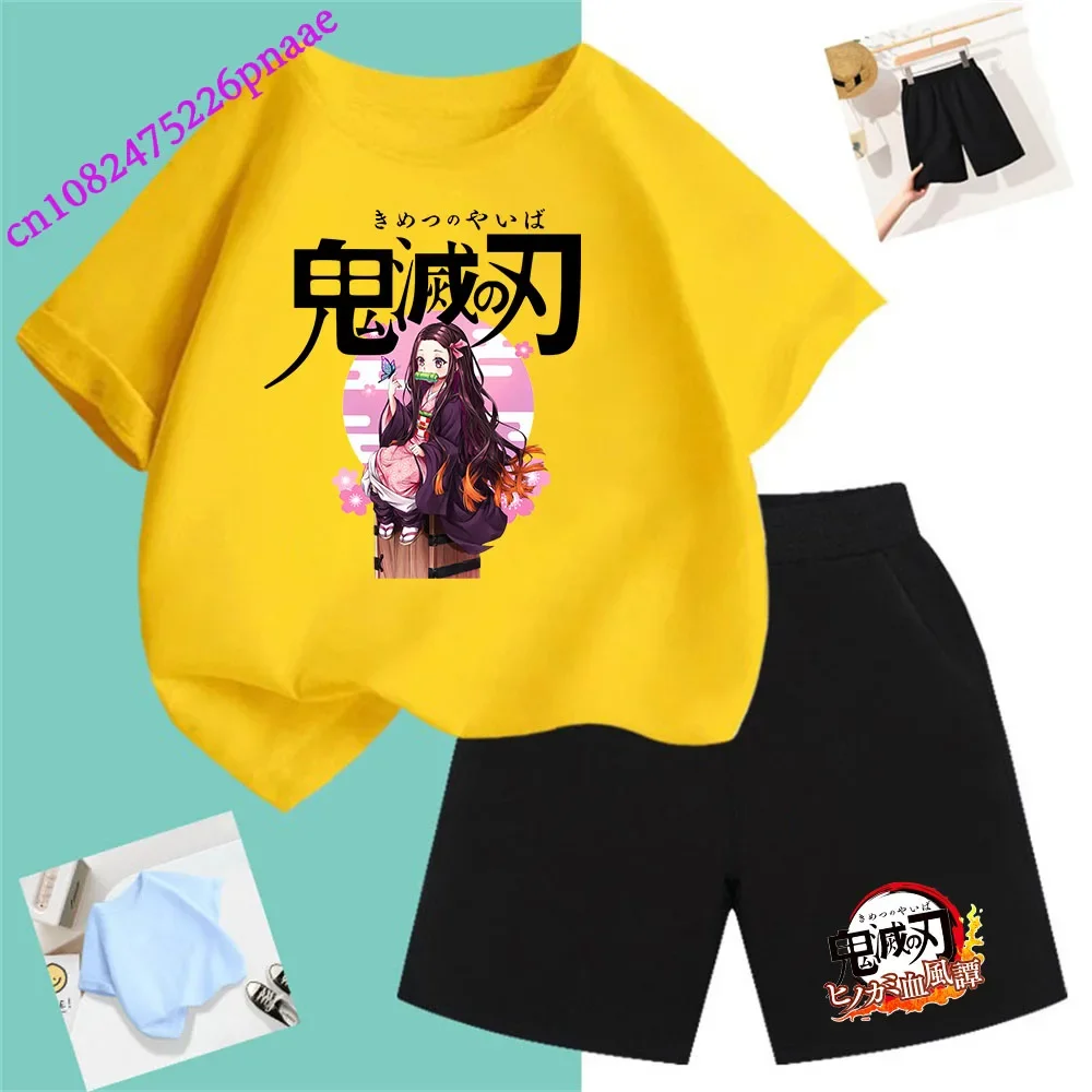 Demon Slayer t shirt Fashion Summerdress2024 Short Kid Short T-shirt Baby Tee Sets Fashion Casual O-neck Breathable KawaiiShorts