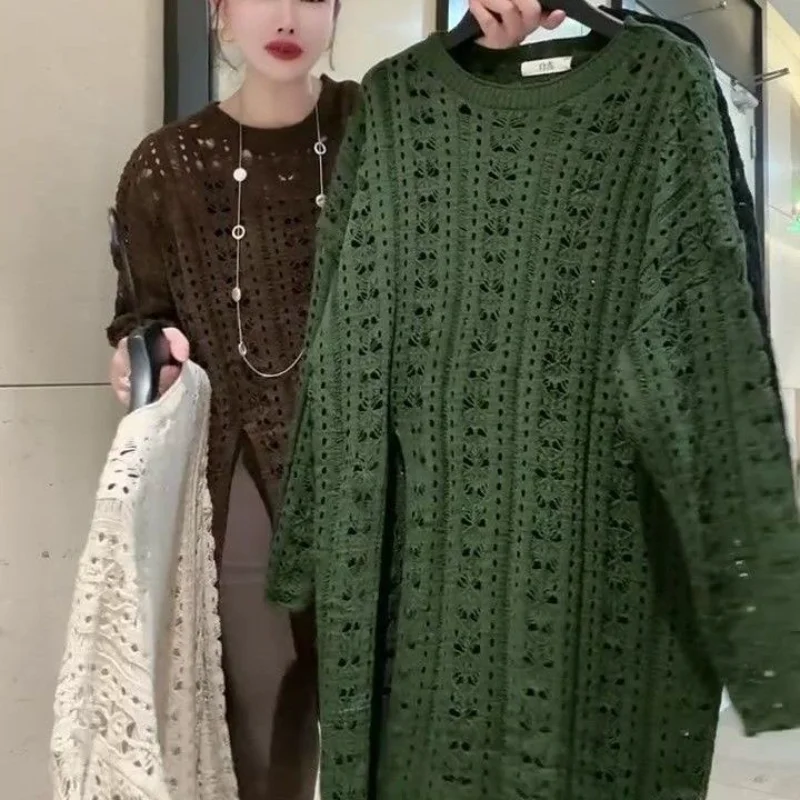 Women European Style Elegant Retro Hollow Out Hem Split Sweater Loose Mid Length Knitted Shirt Autumn Winter Fashion Dress