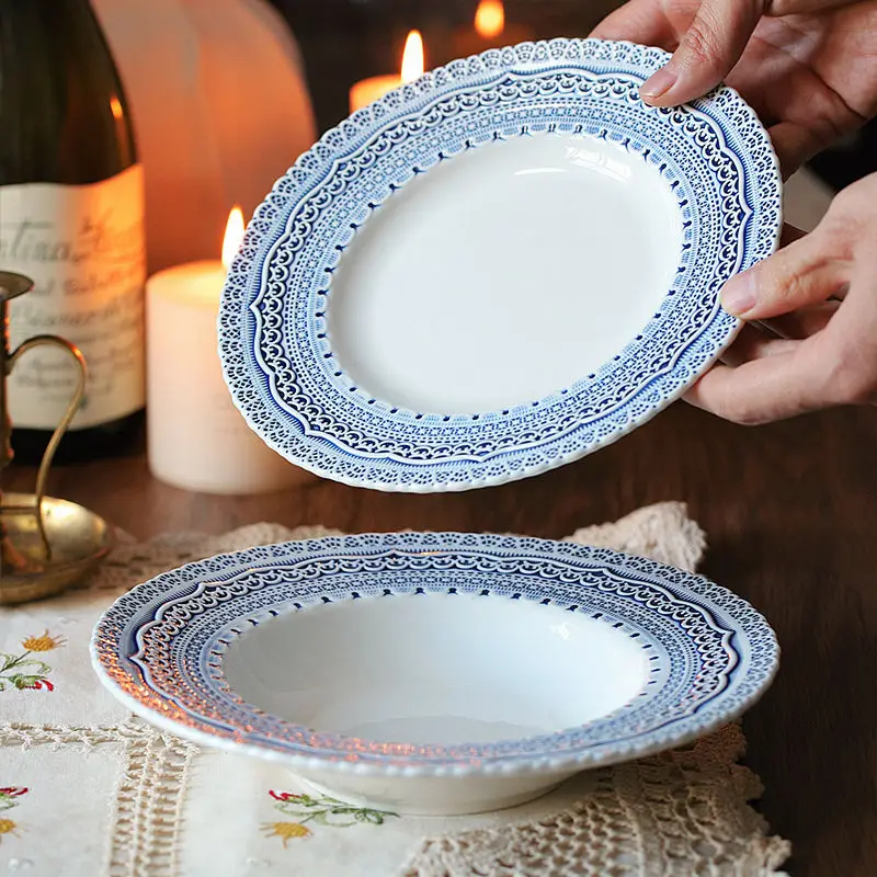 Teller Französische Relief-Zeremonie, Atmosphäre, Gefühl, Senior, Retro, Pasta, Joghurt, Frühstück, Knochenplatte, zart, hohes Aussehen