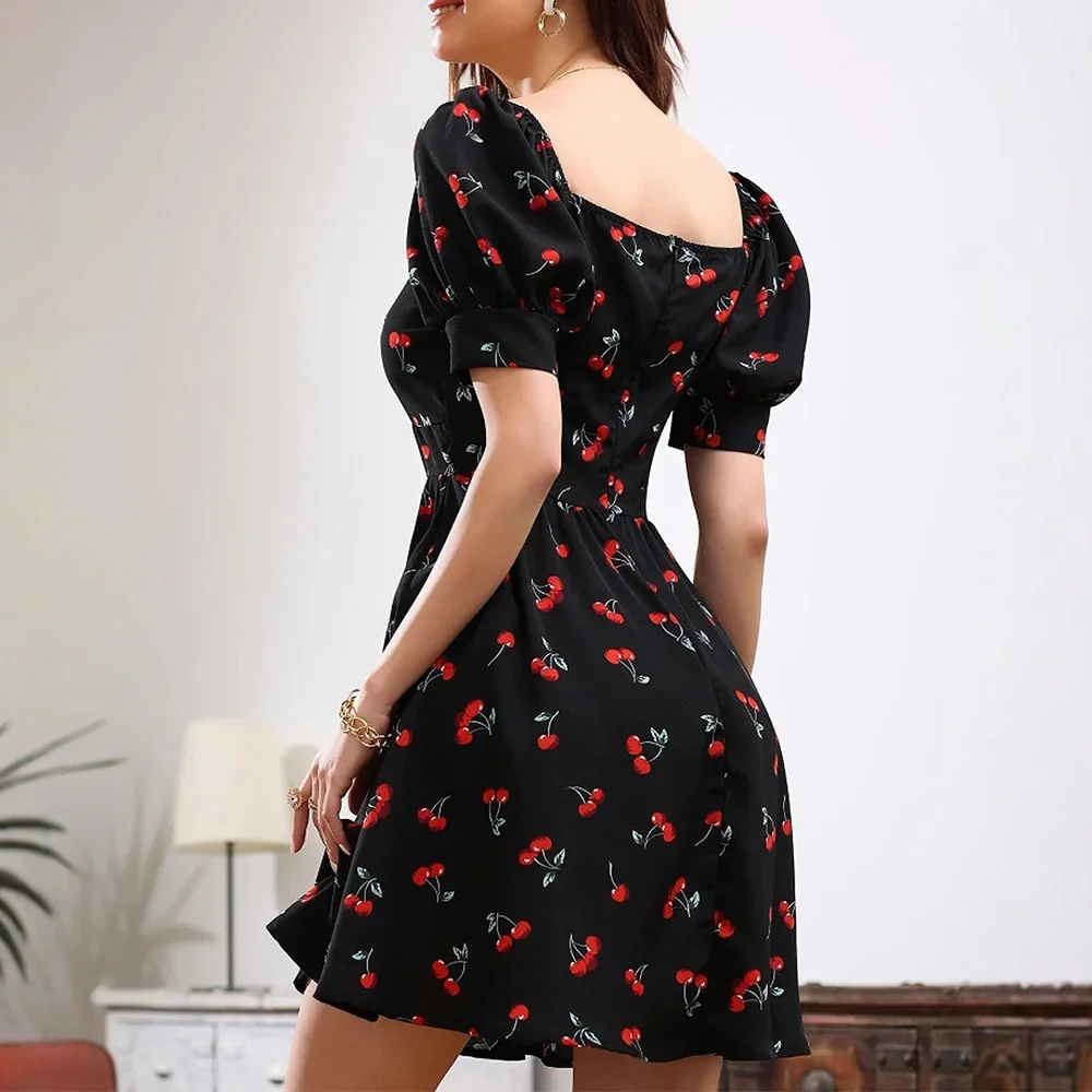 CPSYMYM 드레스 봄 여름 한국 달콤한 체리 인쇄 퍼프 슬리브 연인 목 여성을위한 a 라인 미니 휴가 드레스