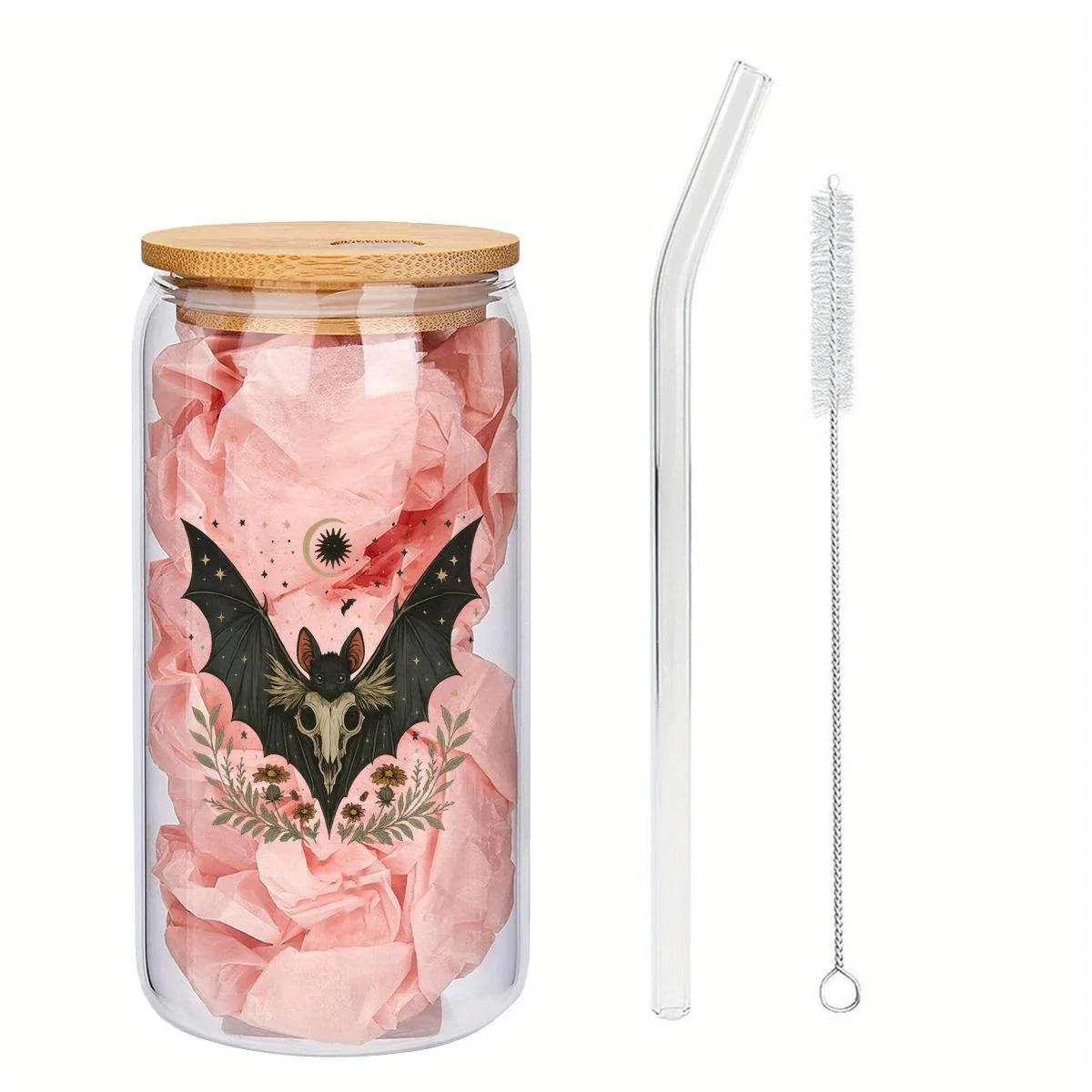 

Style Bat & Star Glass Bottle: Vibrant bat art, drinking set – iced coffee cups, friend/anniversary gifts.