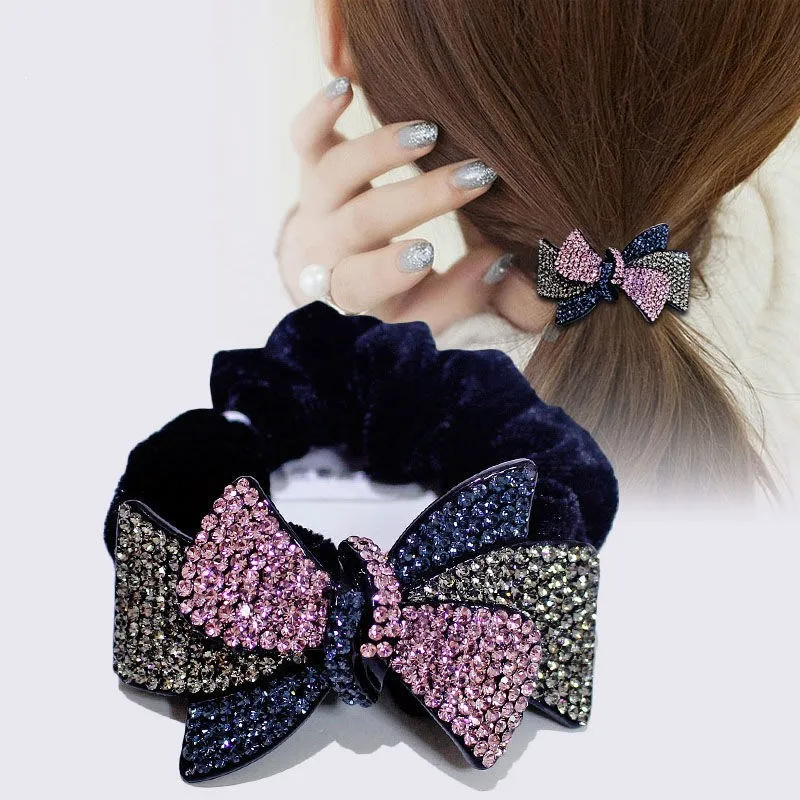 Woman Rhinestone Colored Flower Velvet Elastic Hair Tie Bands , Woman Velour Headwear Scrunches