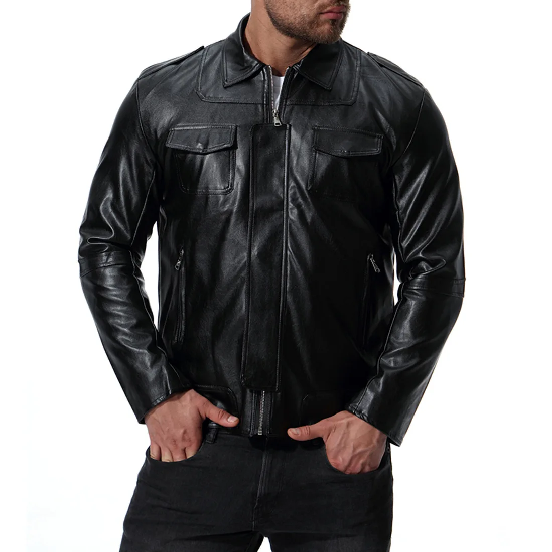 

Men's Motorcycle Multi Pocket Jacket, Large Leather Rock Coat, Business Casual Jacket, Autumn and Winter, 2023