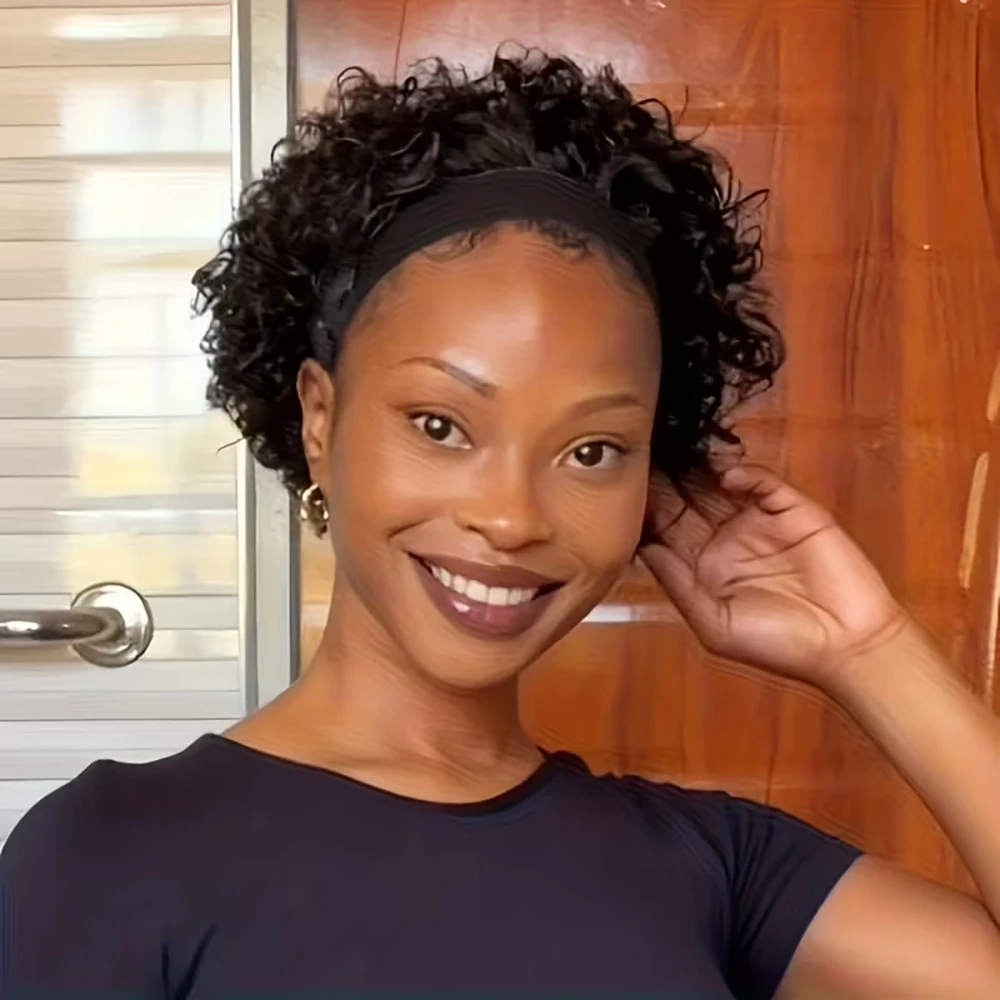 Влажные и волнистые короткие парики с стрижкой пикси, вьющиеся парики из человеческих волос с повязкой на голову для чернокожих женщин, базильские волосы, машинное производство, вьющиеся парики