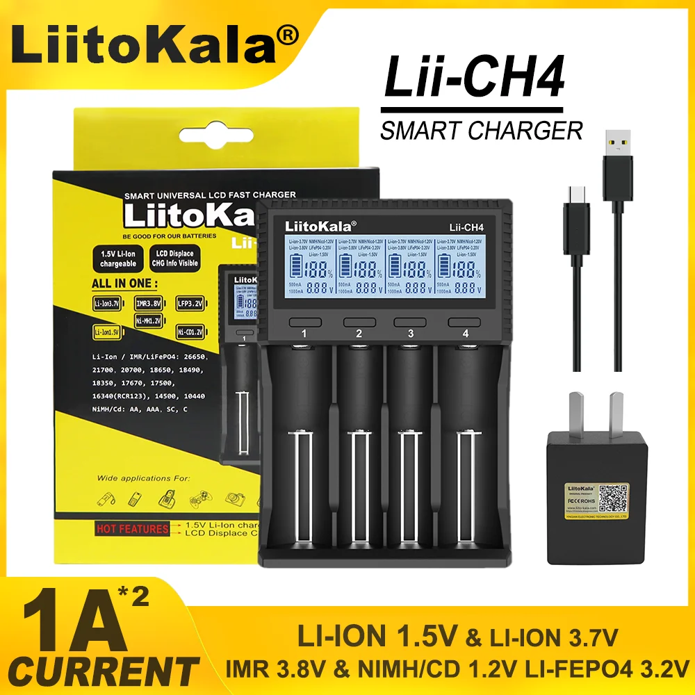 Liitokala CH4 18650 21700 26650 18350 16340 17500 AA AAA 4-slot nickel hydrogen lithium iron phosphate battery charger