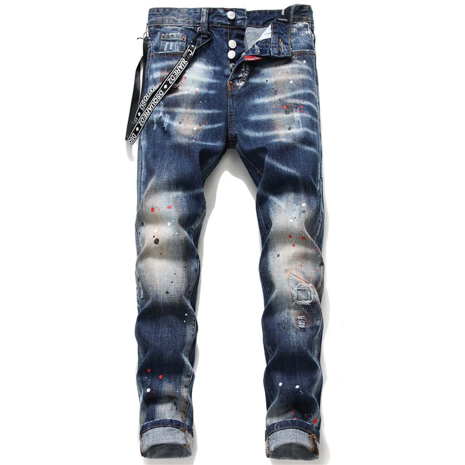 Europe And The United States Blue Hole Patch Cloth Shake Paint Personality Style Men Ribbon Hanging New Jeans Men Mens