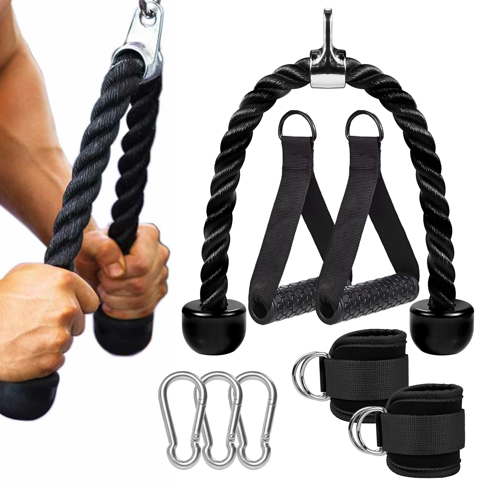 Manijas de gimnasio, correas de tobillo, juego de mosquetones de cuerda para tríceps, accesorios para máquina de Cable de gimnasio en casa, accesorios, equipo de ejercicio