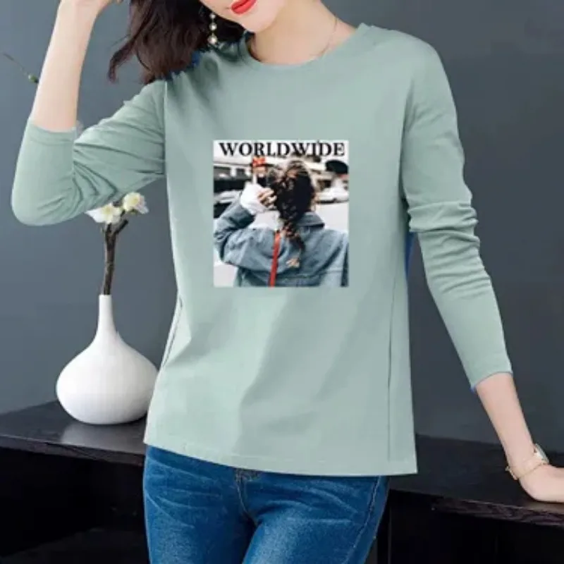 Women Cotton Long Sleeve T shirt Spring Autumn Figure Photo Print Loose Plus Size Casual Inner Outer Wear Base Top