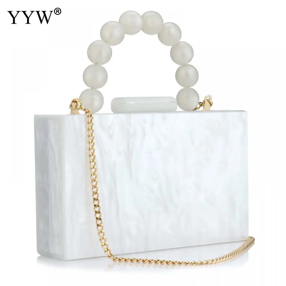 INS Popular Acrylic Box Bag Pearl Clutch Bag With Chain Women Eevneing Bead Handle On Top Party Girl Lady Handbag Purse Wallet