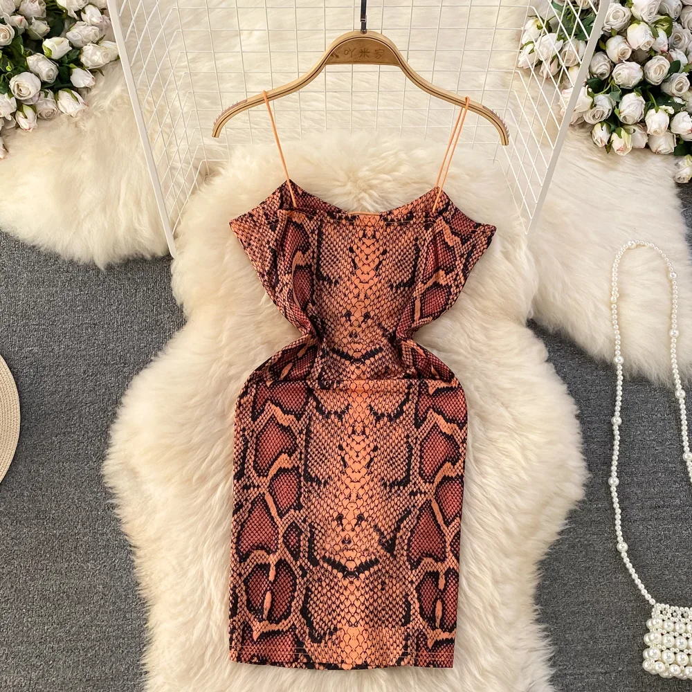 Foamlina Sexy Women Spaghetti Strap V Neck Sleeveless Snake Print Bodycon Dress Summer Fashion Cut Out Front Club Party Dress