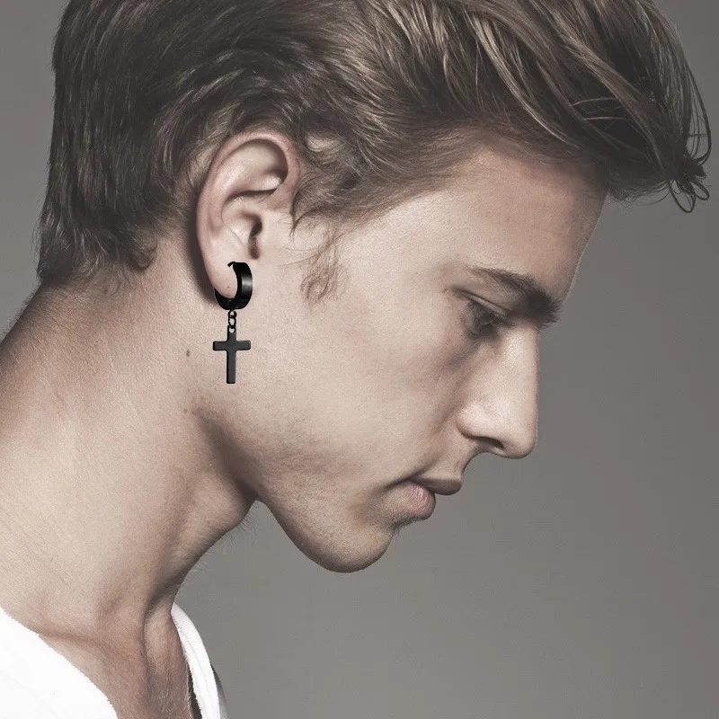 5 Pairs Stainless Steel Earrings Cross Dangle Hinged Earrings, Cubic Zirconia Stud Earrings For Men, Ear Piercing Jewelry