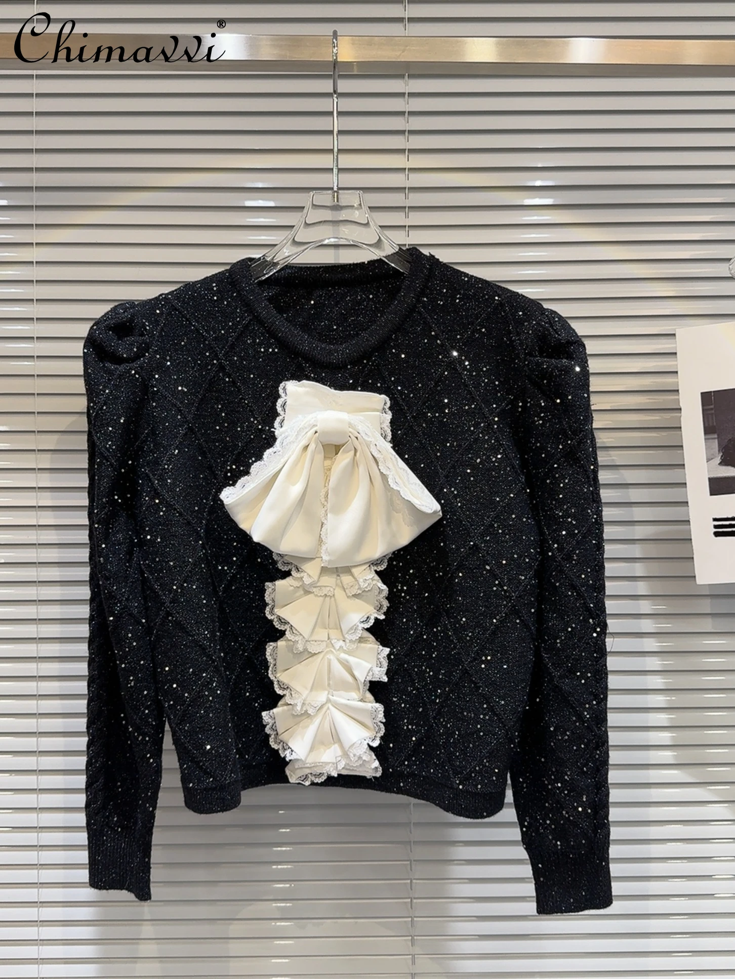 

2024 Spring Clothes New French Fashion Bow Tie Sequined Knitted Top Round Neck Puff Sleeve Pullovers Elegant Sweater Women