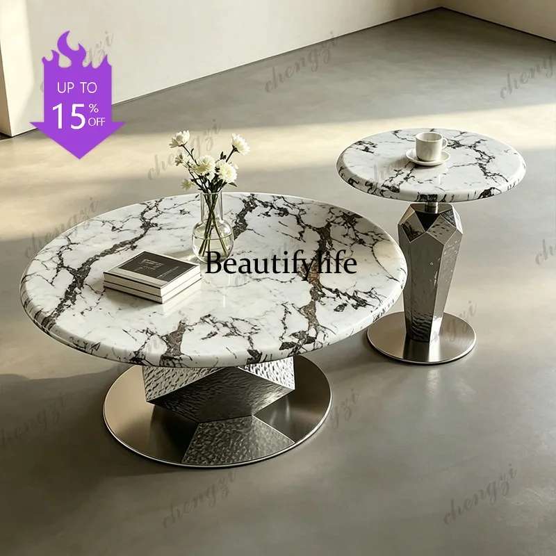 03 Italian minimalist marble coffee table combination living room household small apartment new stainless steel high-end prism