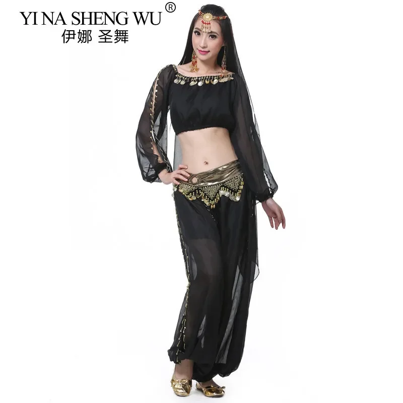 

Костюм для восточных танцев для женщин, 2/4 предмета: топ и брюки с золотыми монетами, для индийских и баллийских выступлений