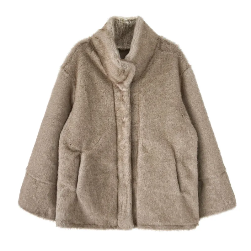 Hksh inverno novas mulheres casaco de pele do falso gola bolsos coreano high-end luxo elegante versátil casual ins jaqueta quente hk17527