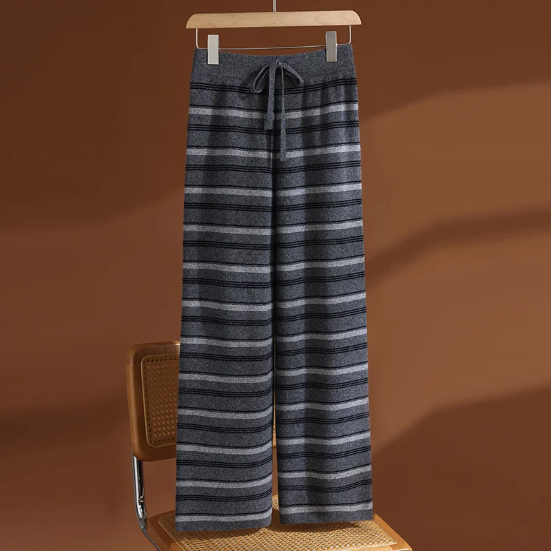 35% Cashmere & 65% Wool Women's Thickened Elastic-Waist Three-Color Striped Wide-Leg Pants, Stylish & Warm
