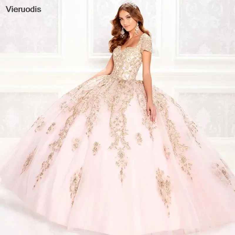 

Pink Appliques Quinceanera Dresses 2021 Ball Gown Tulle Short Cap Sleeve Sexy Sweetheart Cut-out Back Corset vestidos de 15