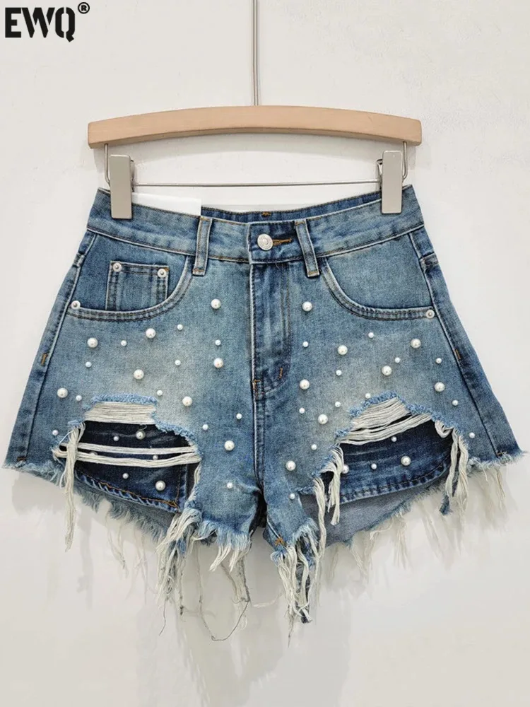 

[EWQ] New Fashion Nail Bead Broken Hole High Waist Loose Versatile Ragged Edge Women's Denim Shorts 2024 Spring Summer 16U9666