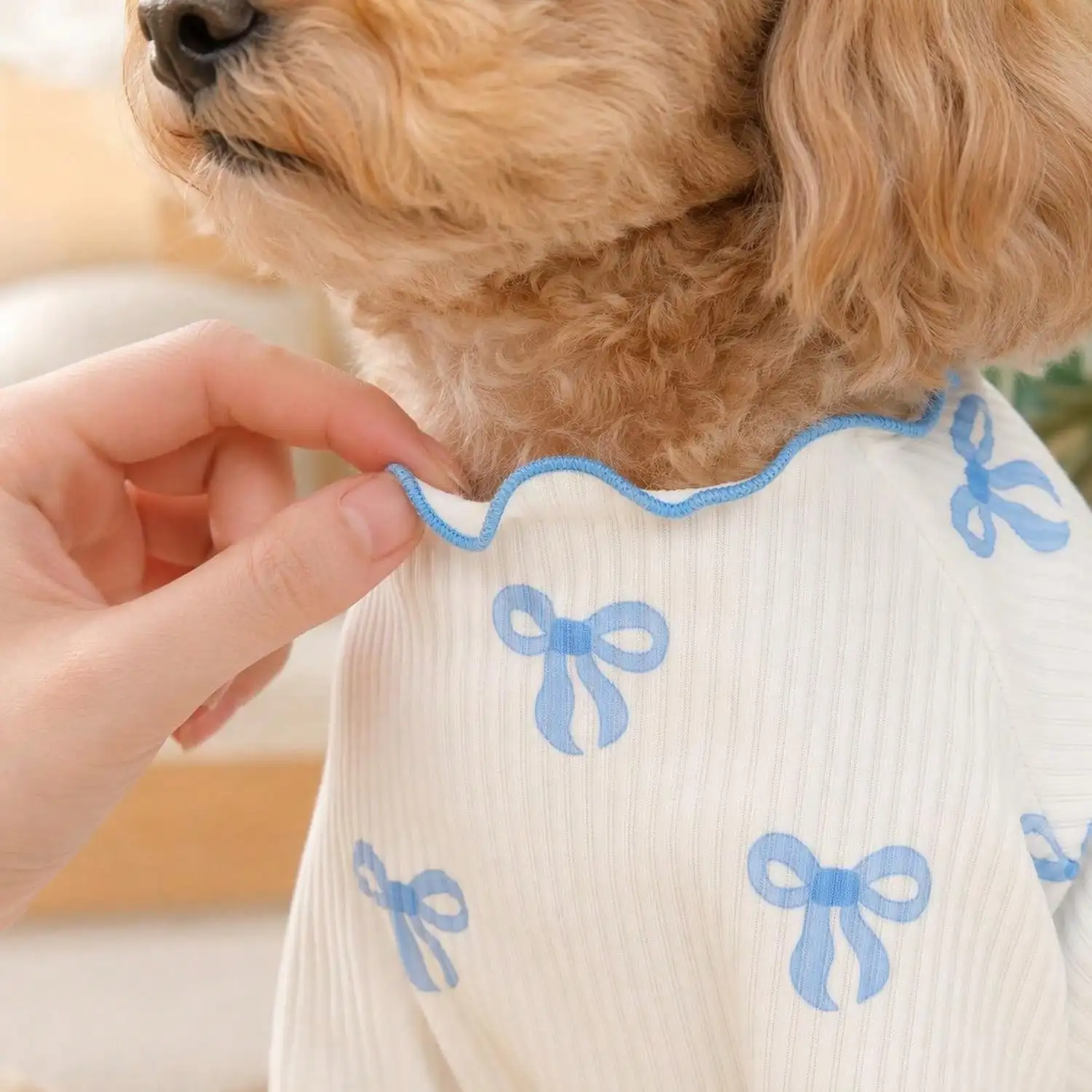 Geripptes Haustier-T-Shirt mit Herz- und Schleifendruck und Rüschenbesatz für kleine Hunde und Katzen – Detail 24