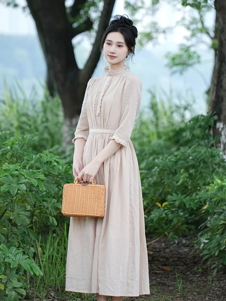 AIGYPTOS Dress For Women Spring Summer Vintage Elegant Slim Stand Collar Half Sleeve Long Dress vestido feminino robe femme été