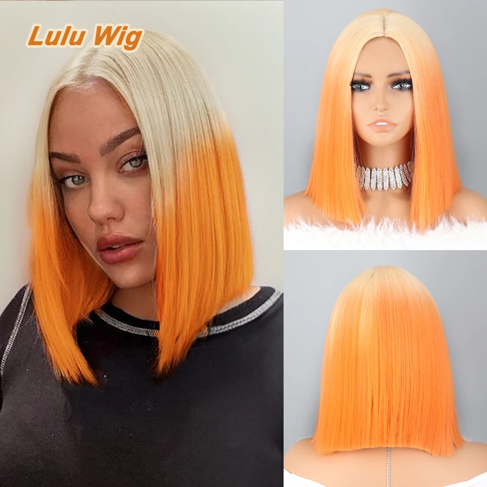 Colorful Wig Short Straight Bob for Women Ombre Ginger Synthetic Wig Blonde to Orange Middle Part Replacement Hair Wig for Daily